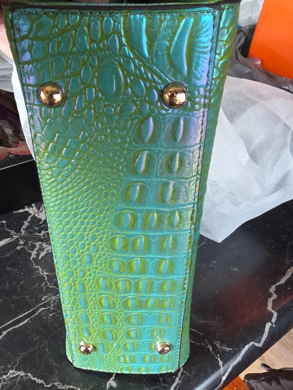 Iridescent Green Croc-Embossed Top-Handle Bag